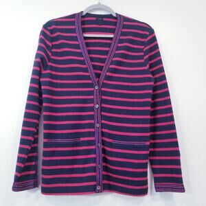 J. Crew Red Blue Striped Knit Sweater Cardigan Metallic Trim w/ Faux Pockets